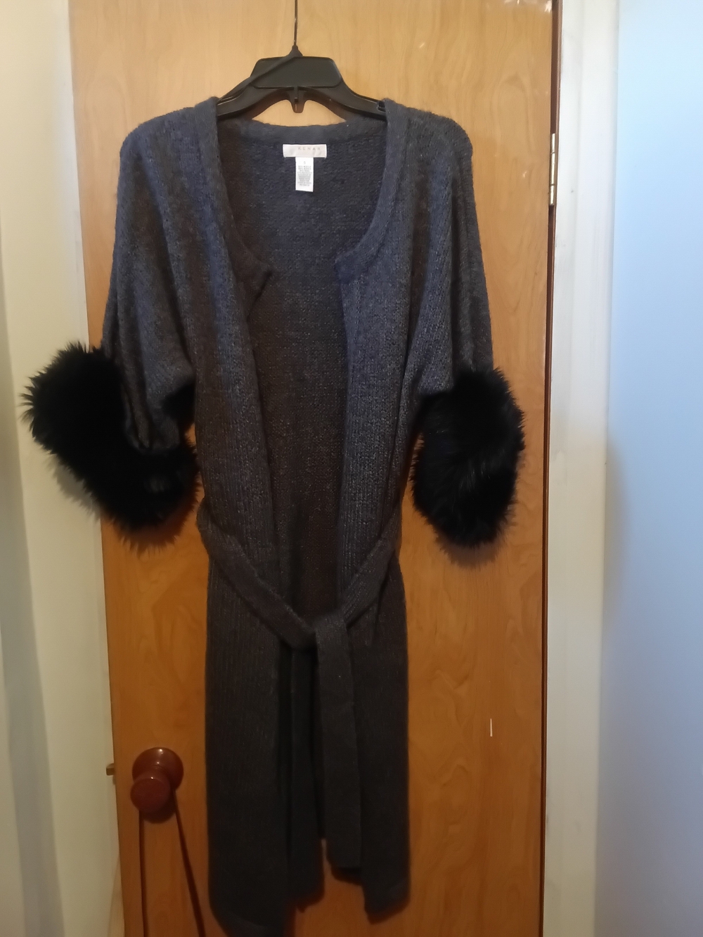 Kenar Charcoal Gray Knit Long Cardigan with Black Faux Fur Cuffs